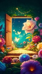 Wall Mural - AI-generated image of a fairytale garden with glowing flowers and magical butterflies