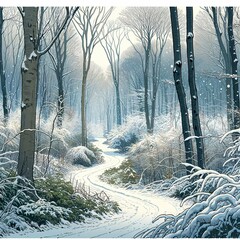 Wall Mural - AI-generated image of a tranquil snowy forest path, illustrated in a cartoon style