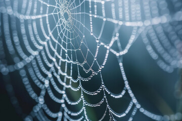 Close-up of a spider web covered in morning dew, highlighting the intricate patterns and delicate texture of the silk. 