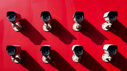 Many security cameras on a red wall. Protection and safety. CCTV surveillance cameras