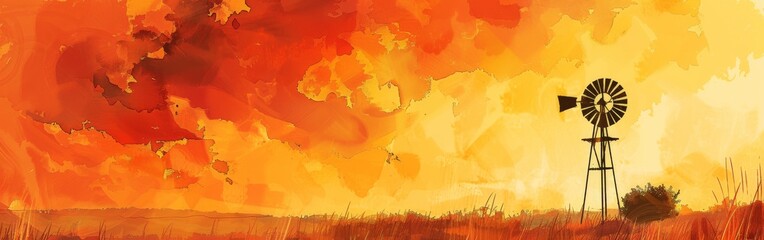 Aufkleber - A painting of a windmill in a field with a cloudy sky. The painting has a warm, orange and yellow color palette, which gives it a peaceful and serene mood
