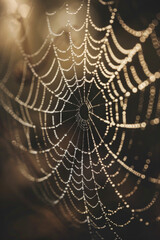 Close-up of a spider web covered in morning dew, highlighting the intricate patterns and delicate texture of the silk. 