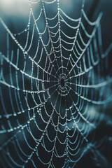 Close-up of a spider web covered in morning dew, highlighting the intricate patterns and delicate texture of the silk. 