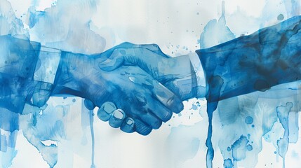 Wall Mural - Watercolor illustration of a handshake in shades of blue, evoking a sense of professionalism and corporate meetings --ar 16:9 Job ID: 3c0ed949-06e3-49fc-93f9-7e242da85cec