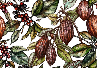 Wall Mural - Coffee tree. Branch with leaves and berries. Cocoa tree branch with cocoa beans, chocolate beans, Seamless pattern, background. Vector illustration. In botanical style