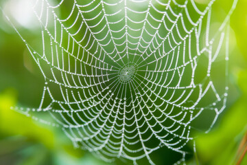 Close-up of a spider web covered in morning dew, highlighting the intricate patterns and delicate texture of the silk. 