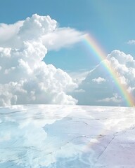 Wall Mural - Marble floor with blue sky, white clouds and rainbow in the background
