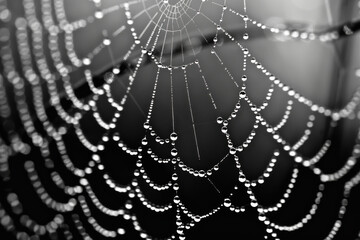 Close-up of a spider web covered in morning dew, highlighting the intricate patterns and delicate texture of the silk. 