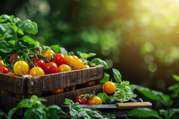 Wall Mural - Vibrant tomato harvest in sunlit garden  ripe red and golden yellow varieties in weathered crate