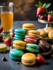 Sticker - AI generated illustration of colorful macarons with various toppings on a blurry background