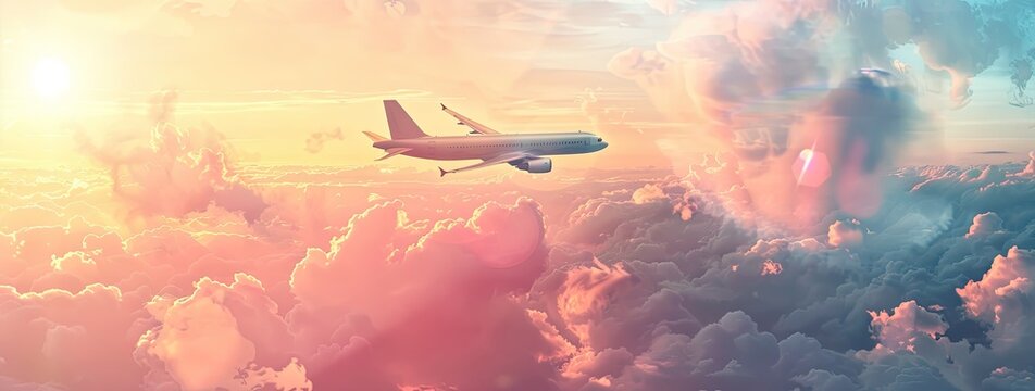 Aircraft soaring through a cloudy sunset sky, creating a stunning landscape art