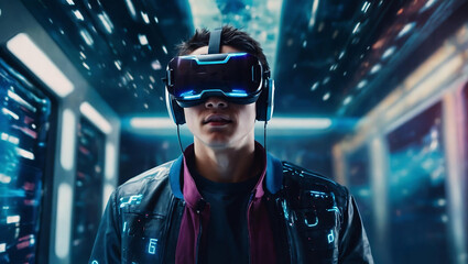 A young man wearing VR headset