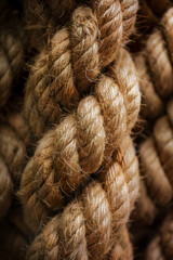 Close-up of a piece of rope, showcasing its twisted texture and natural fibers.