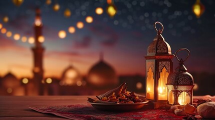 Wall Mural - Ramadan Kareem greeting card. Islamic lanterns on blurred background.