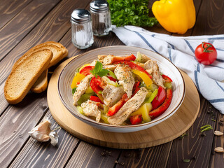 Wall Mural - Meat salad with chicken, tomatoes, cucumbers with pieces of bread
