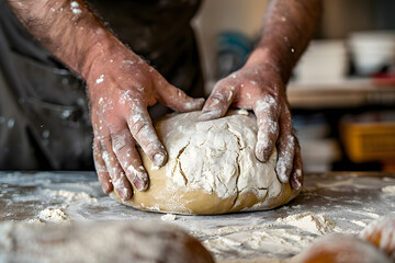 Wall Mural - a baker's hands kneading dough for artisanal bread, highlighting the traditional craft of breadmaking