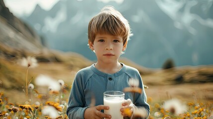 Wall Mural - boy drinks milk on the background of alpine mountains. selective focus