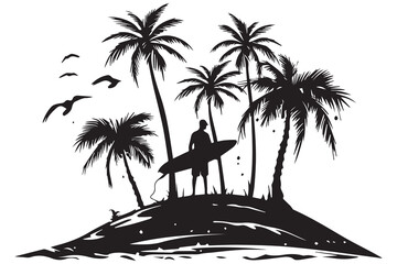 Black line art illustration of surfing man on the beach