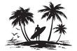 © shopone - Vector silhouette of surfers on palm beach on white background. Symbol of nature and sport