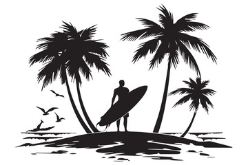 Vector silhouette of surfers on palm beach on white background. Symbol of nature and sport