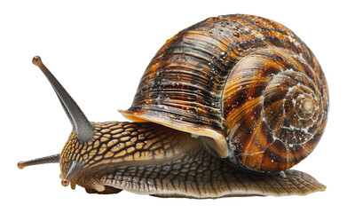 Detailed close-up of a brown garden snail, cut out - stock png.