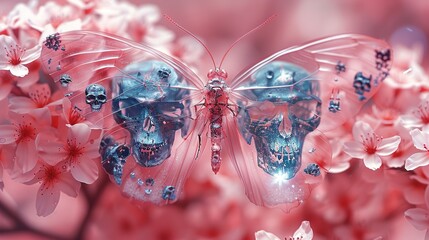 Wall Mural - Photorealistic butterfly with double exposure human skull