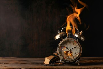 Sticker - Vintage alarm clock with fire engulfing it, placed on a wooden surface with burnt book pages in a dark, dramatic setting.