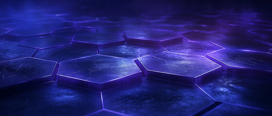 Abstract background of blue and red floor made of hexagon blocks, in a dark environment, banner
