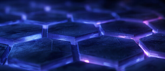 Abstract background of blue and red floor made of hexagon blocks, in a dark environment, banner