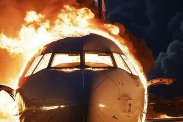 Canvas Print - Close-up of an airplane cockpit engulfed in flames, showing intense fire and smoke. The dramatic scene highlights an emergency or aviation disaster.