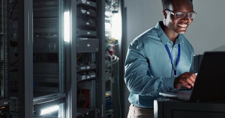 Poster - Happy black man, engineer and technology in server room for cyber security, coding or update database. Smile, tablet and technician with laptop in data center for information or programming software