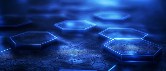 Abstract background of blue floor made of hexagon blocks, in a dark environment, banner