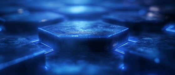 Abstract background of blue floor made of hexagon blocks, in a dark environment, banner
