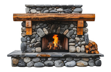 Wall Mural - Rustic stone fireplace with wooden mantel and burning fire logs, cut out - stock png.