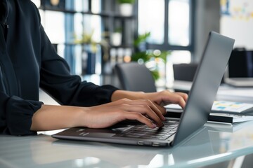 Wall Mural - Close-up of a person typing on a laptop in a modern, bright office setting with blurred background featuring shelves and greenery.