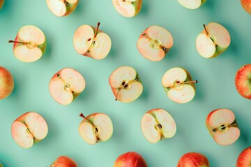 Pattern of fresh apple pieces on green background