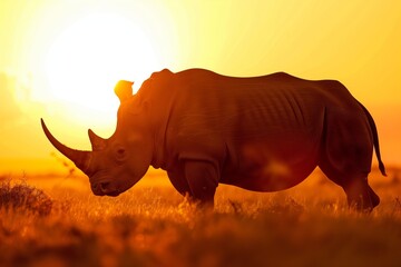 Poster - Silhouette of a rhinoceros grazing in a sunlit savannah at sunset, creating a dramatic and peaceful scene.