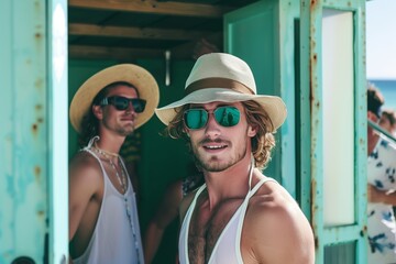 Poster - Two men wearing sunglasses and hats enjoying a sunny day at the beach cabin. They seem relaxed and ready for the summer beach vibes.