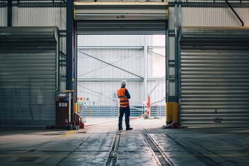 Canvas Print - A worker in a reflective vest and safety helmet stands in a large industrial warehouse, looking out through an open gate.