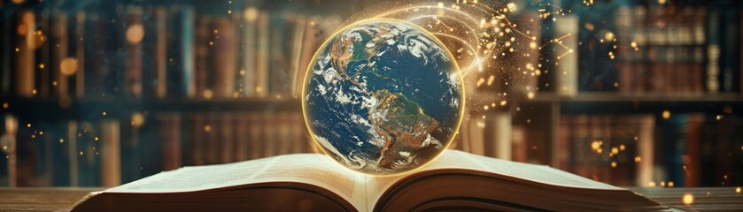 A globe rising from an open book, pages glowing, the promise of worldwide knowledge spreading