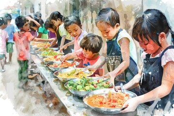 Canvas Print - Group of children standing around a table with food, perfect for family mealtime illustrations