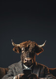 Fototapeta  - A businessman bull holding a smartphone while looking at the camera. Smart bull uses phone to surf the internet. Poster with your text area.