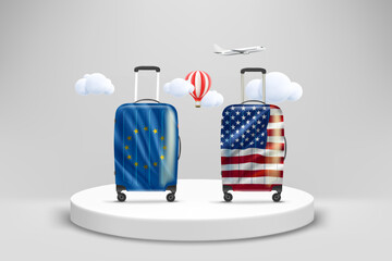 Sticker - Showcase with travel bags with flags. World travel concept. 3d vector illustration