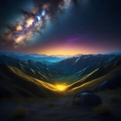 Wall Mural - night landscape with colorful milky way and yellow light at mountains. starry sky with hills at summ