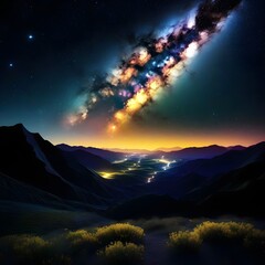 Wall Mural - night landscape with colorful milky way and yellow light at mountains. starry sky with hills at summ