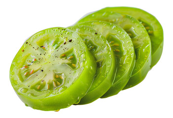 Sticker - A detailed view of cross-sections of green tomatoes, showing seeds and fresh juice, cut out - stock png.