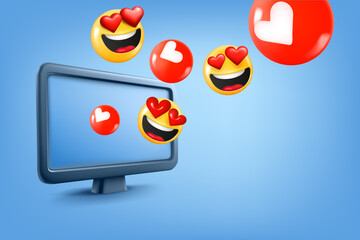 Poster - Social media reaction with emoji and red hearts. 3d vector illustration