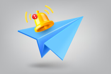 Aufkleber - Blue paper plane and notification bell. 3d vector illustration