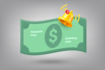 Aufkleber - Green dollar banknote and notification bell. 3d vector illustration