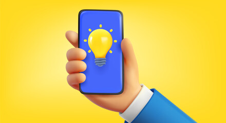 Fototapete - Man holding mobile phone with lighting bulb. 3d vector illustration